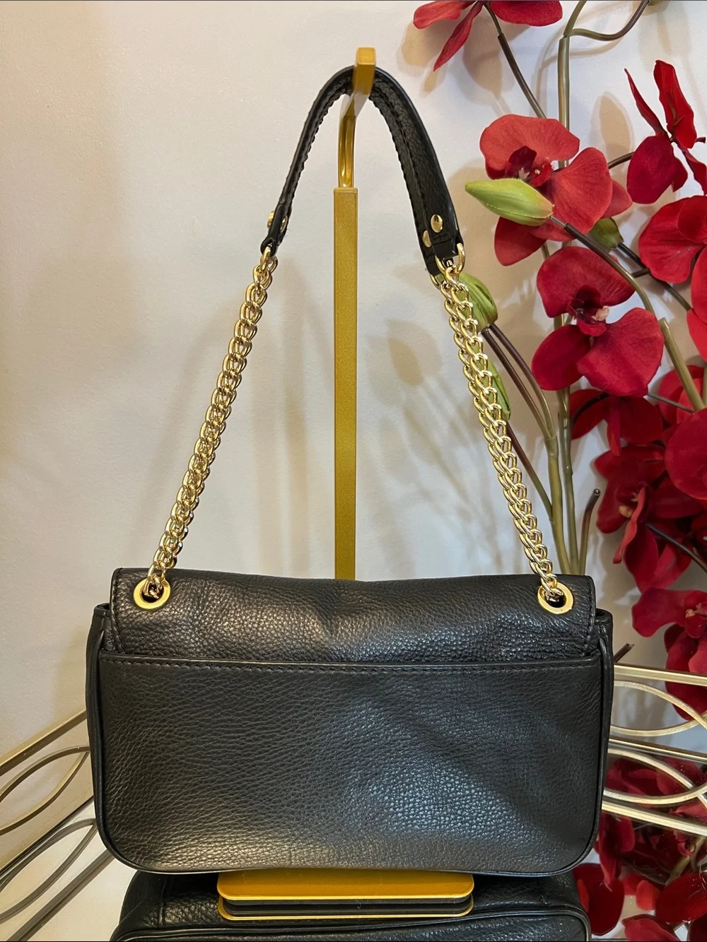Michael Kors Fulton Flap Black Pebbled Leather Shoulder Bag with Gold Chain